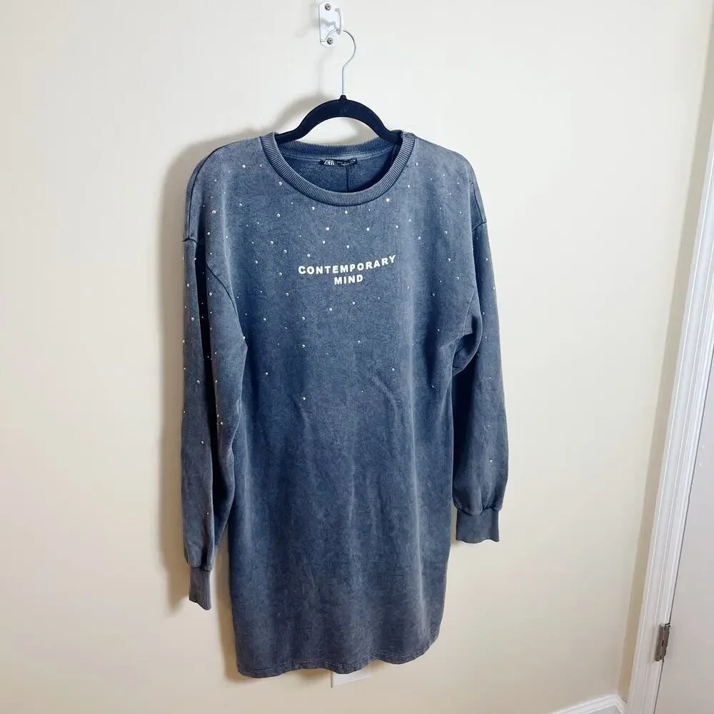 NWT Zara Washed Effect Sweatshirt Dress Size M Gray New‎ 100% Cotton - Picture 7 of 13